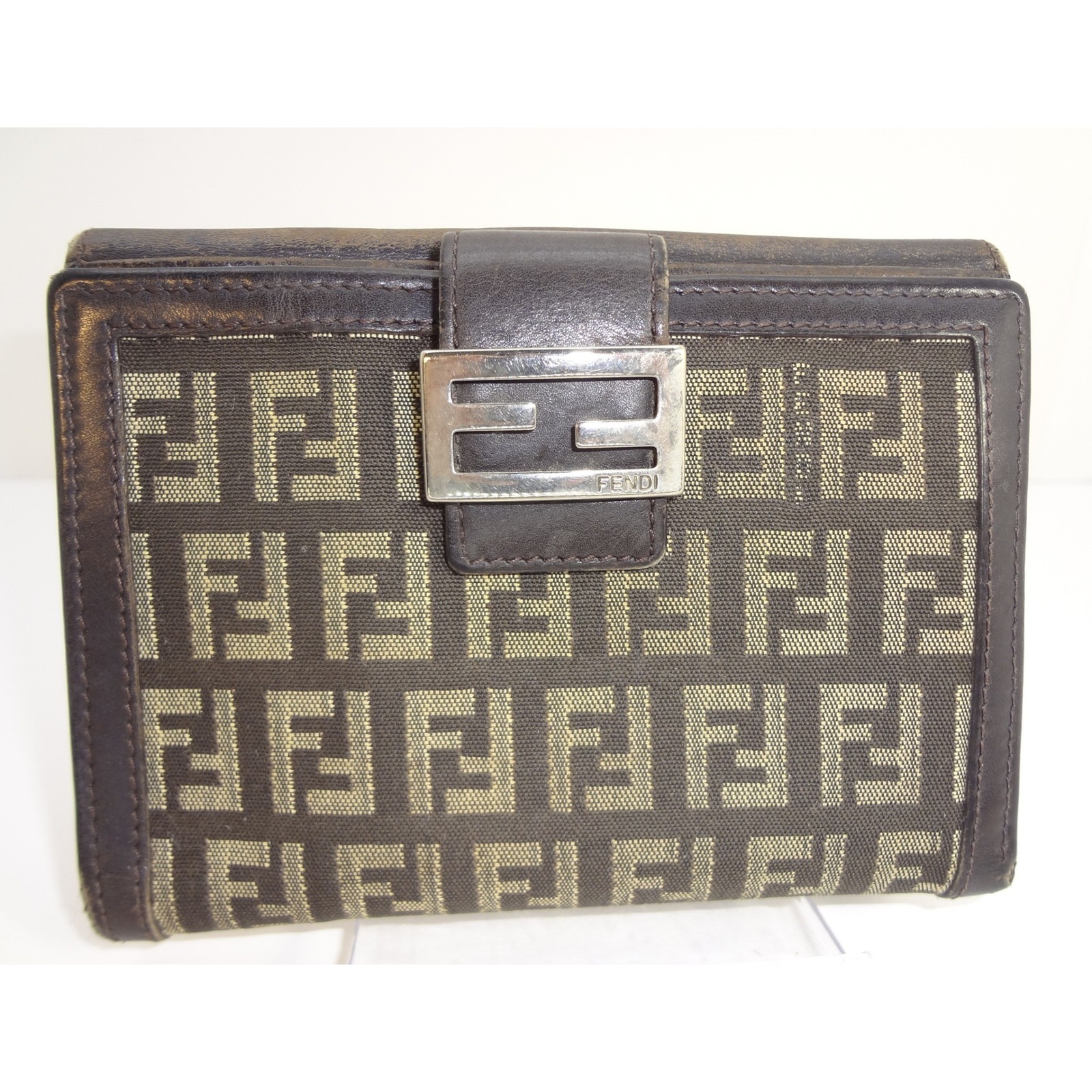 Fendi Zucca Monogram Canvas Leather Compact Bifold Wallet Brown Silver Logo